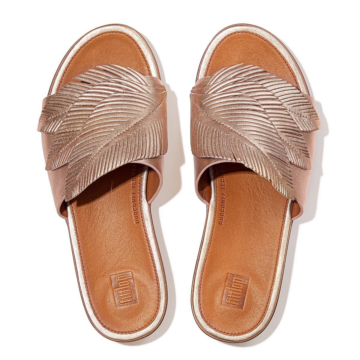 Sandales Fitflop SOLA Feather Metallic Leather Slides Femme Rose Doré | LYT-129560