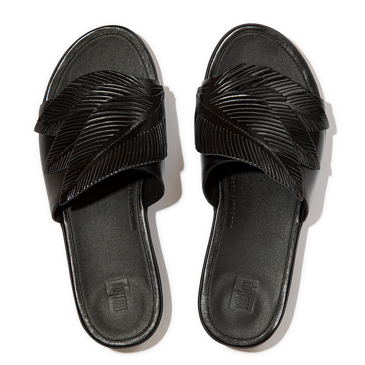 Sandales Fitflop SOLA Feather Metallic Leather Slides Femme Noir | TJS-751394