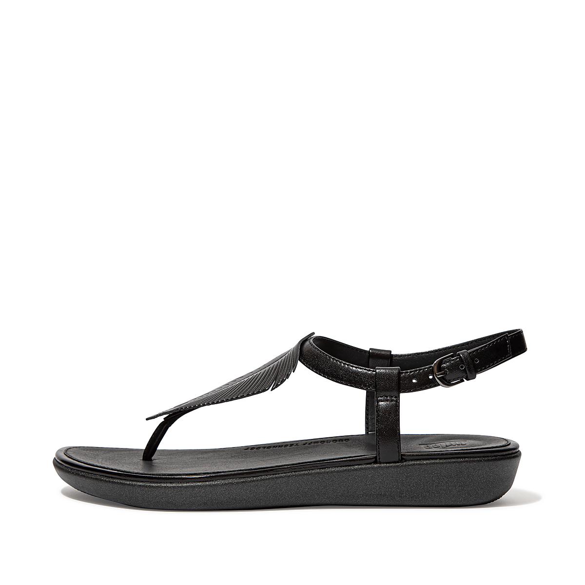 Sandales Fitflop TIA Feather Metallic Leather Back-Strap Femme Noir | KOV-289716