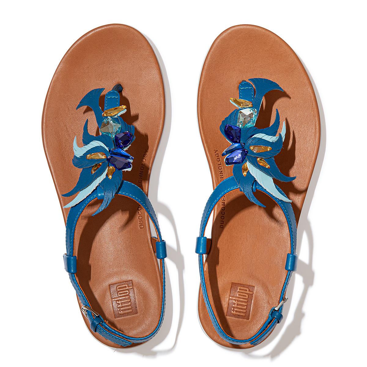 Sandales Fitflop TIA Jewel Feather Leather Back-Strap Femme Bleu | MEN-574629