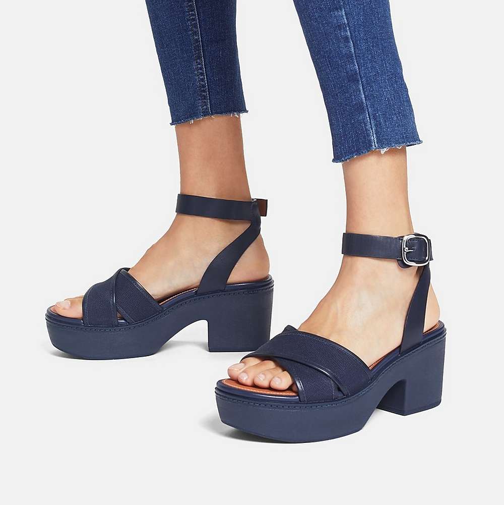 Sandales à Plateforme Fitflop PILAR Canvas Ankle-Strap Femme Bleu Marine | PZJ-967081