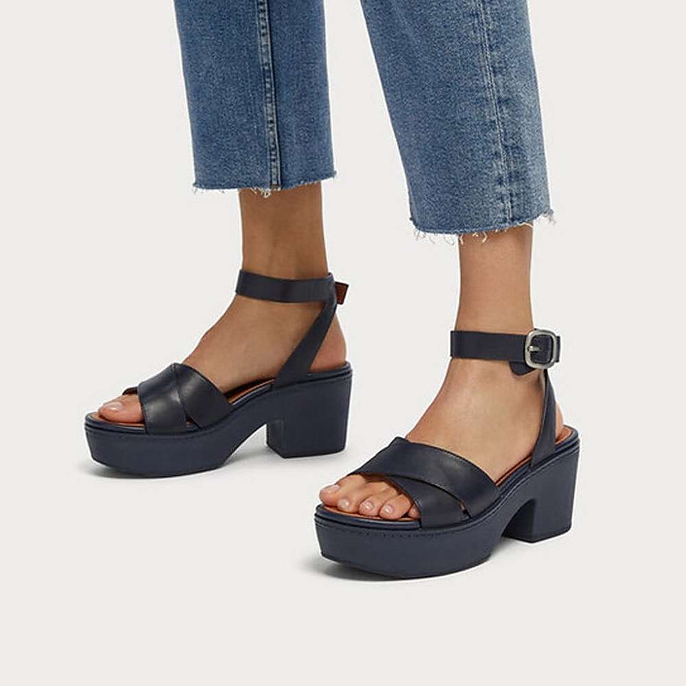 Sandales à Plateforme Fitflop PILAR Leather Ankle-Strap Femme Bleu Marine | FXR-869037