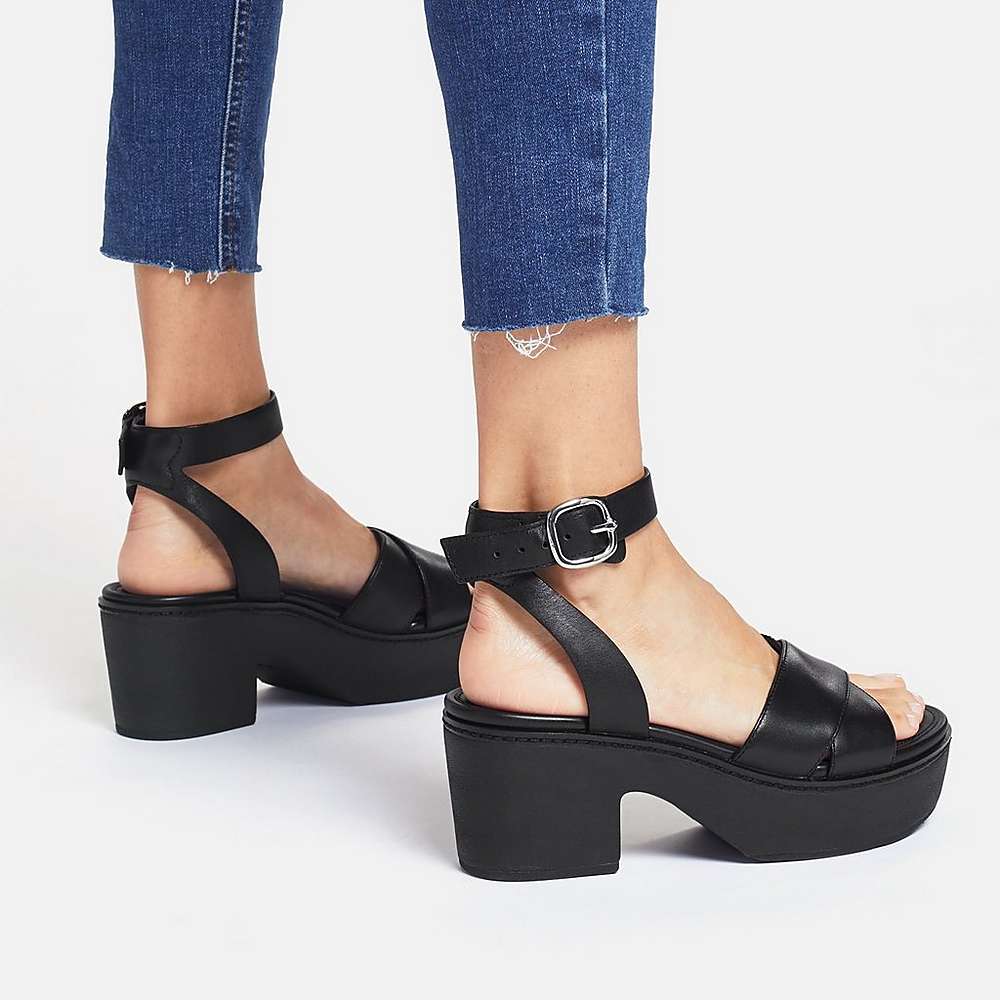 Sandales à Plateforme Fitflop PILAR Leather Ankle-Strap Femme Noir | JUH-458032