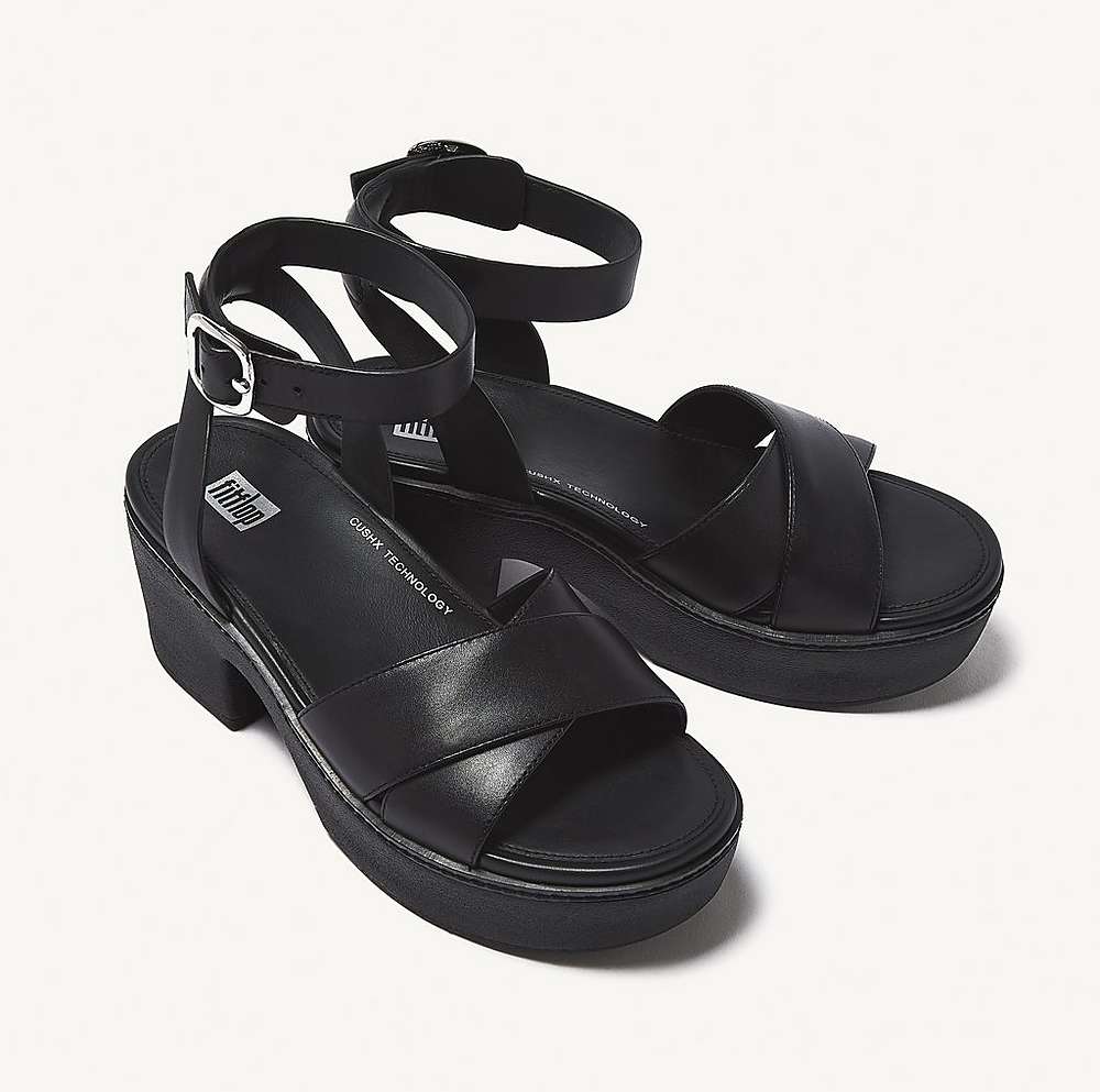 Sandales à Plateforme Fitflop PILAR Leather Ankle-Strap Femme Noir | JUH-458032