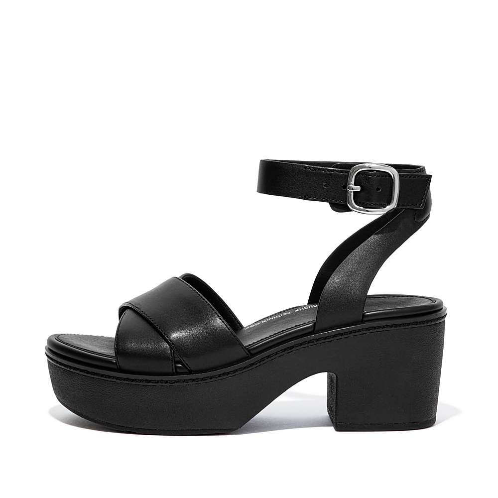 Sandales à Plateforme Fitflop PILAR Leather Ankle-Strap Femme Noir | JUH-458032