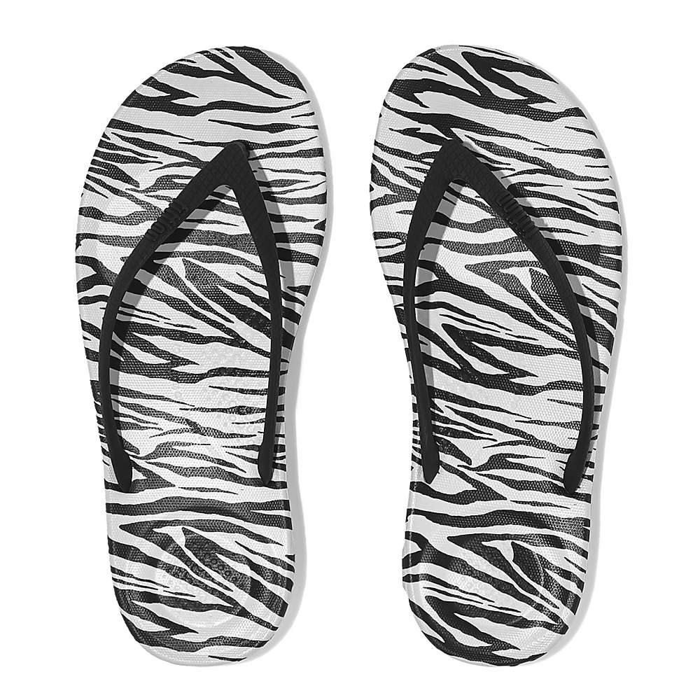 Tong Fitflop IQUSHION Zebra Print Ergonomic Femme Noir Blanche | JUW-475182