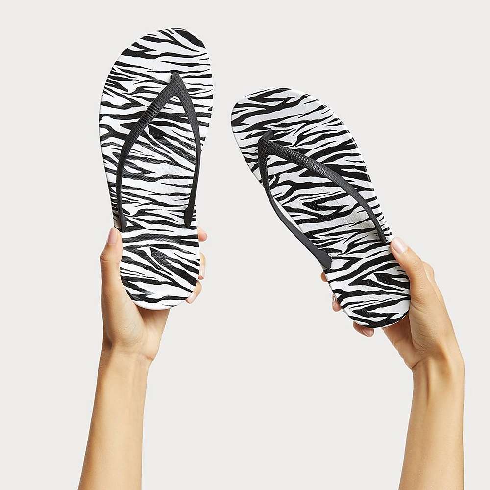 Tong Fitflop IQUSHION Zebra Print Ergonomic Femme Noir Blanche | JUW-475182