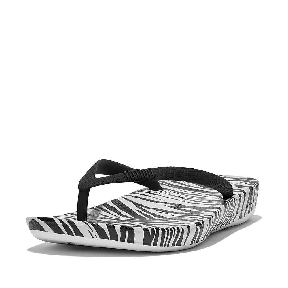 Tong Fitflop IQUSHION Zebra Print Ergonomic Femme Noir Blanche | JUW-475182